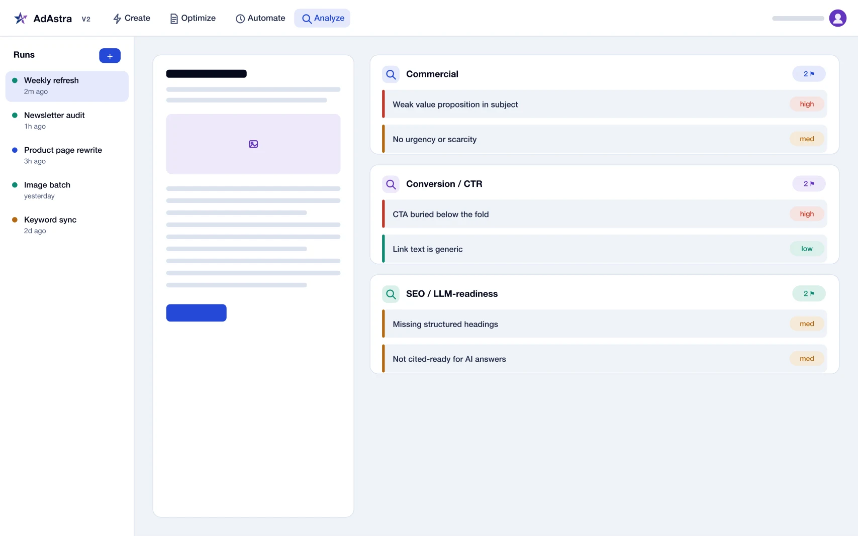 Analyze view with findings grouped by commercial, conversion and SEO themes, each ranked by severity.
